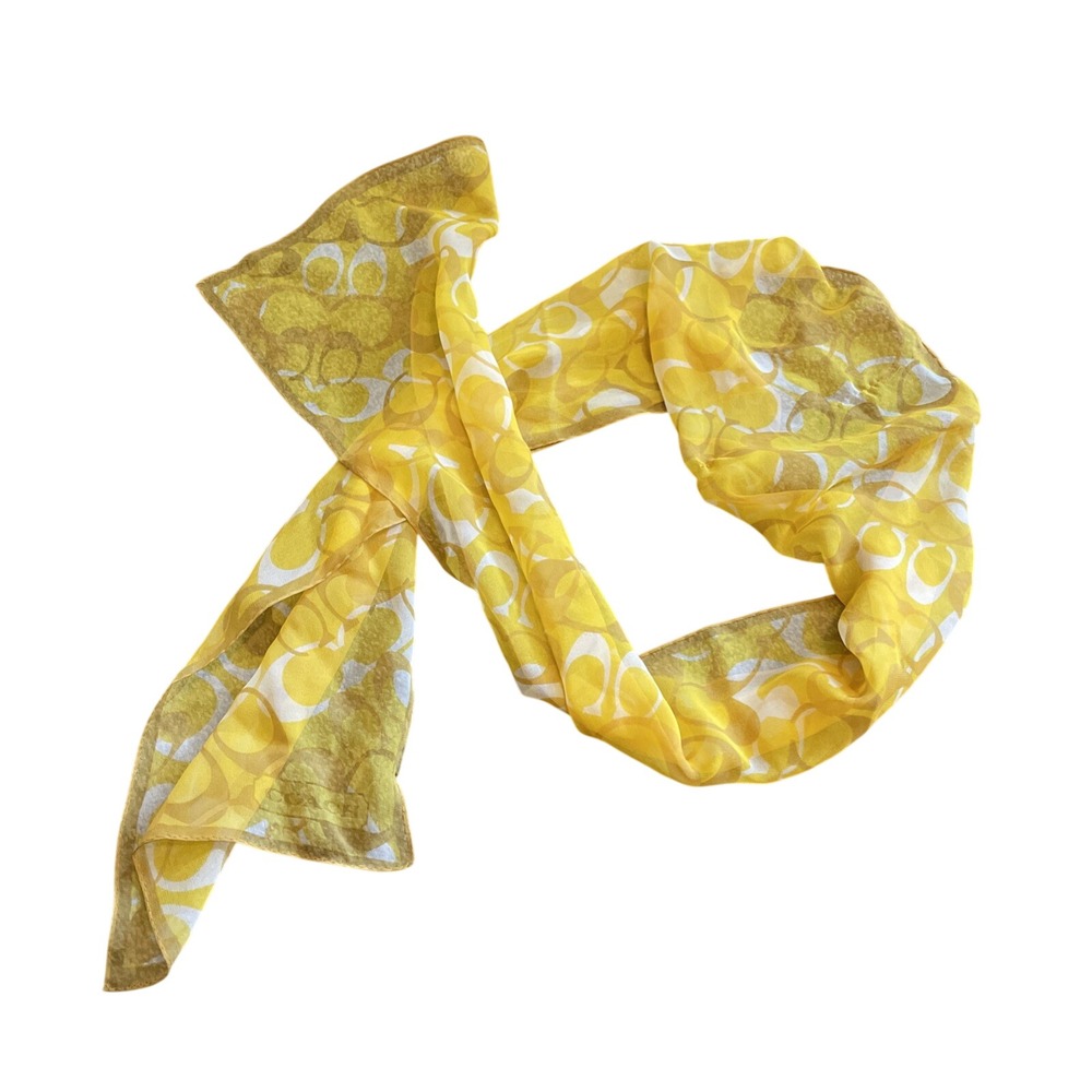 Vtg Coach Signature Optic Yellow 100% Silk Scarf 65x9 Japan Sheer Logo Rectangle
